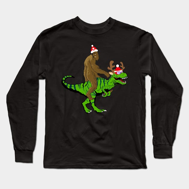 Bigfoot Riding a T Rex Going for Christmas Party Long Sleeve T-Shirt by LemoBoy